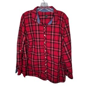 Talbots Woman Red Black Plaid Button Up Shirt Blouse 2X Metallic Threads